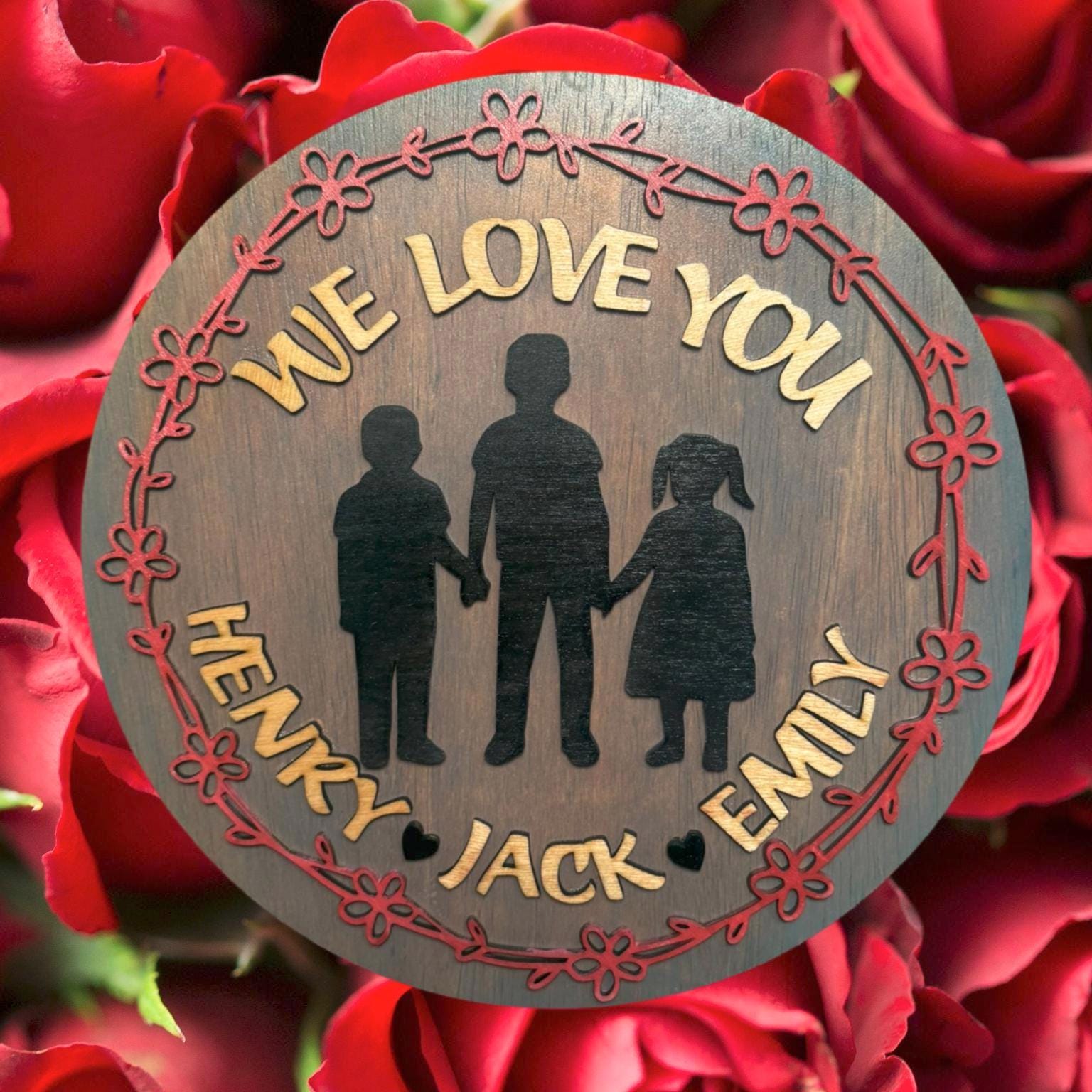 Personalized Mother's Day Gift | We Love You Round Wood Sign | Custom Children Silhouette | Multi-Layer Round Wooden Sign | Grandparent Gift - Thumbnail 2