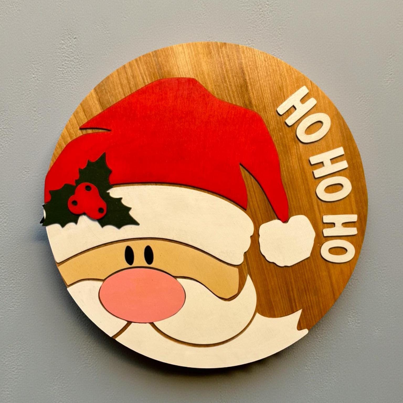 Layered Wooden Santa Sign: 14" Christmas Door Hanger, Optional Bow - Thumbnail 2