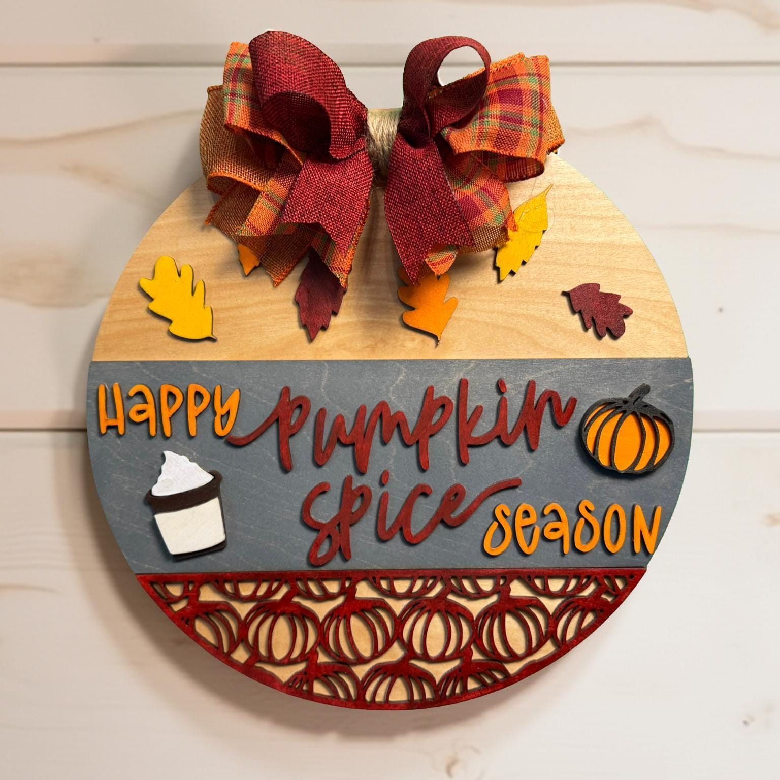 Pumpkin Spice Season Wood Sign: Fall Farmhouse Door Hanger with Plaid Bow - Thumbnail 2