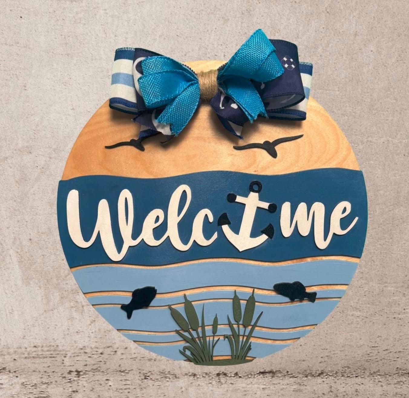 Lake House Welcome Sign – 14" Round Nautical Anchor Door Hanger – Coastal Cabin Porch Decor – Wooden Dock or Beach House Sign with Bow - Thumbnail 3