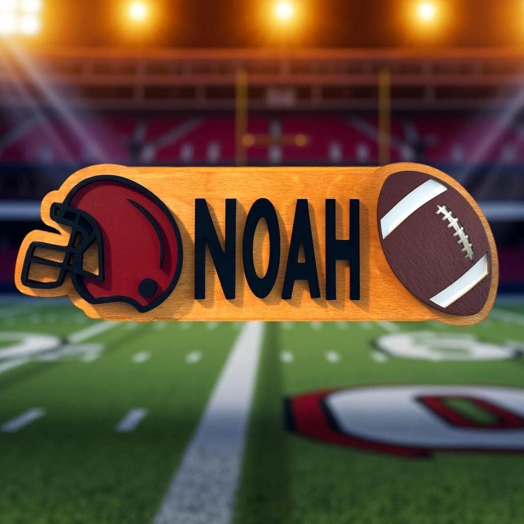 Personalized Football Name Sign – Custom Helmet & Ball Cutouts – Layered Wood  - Thumbnail 2