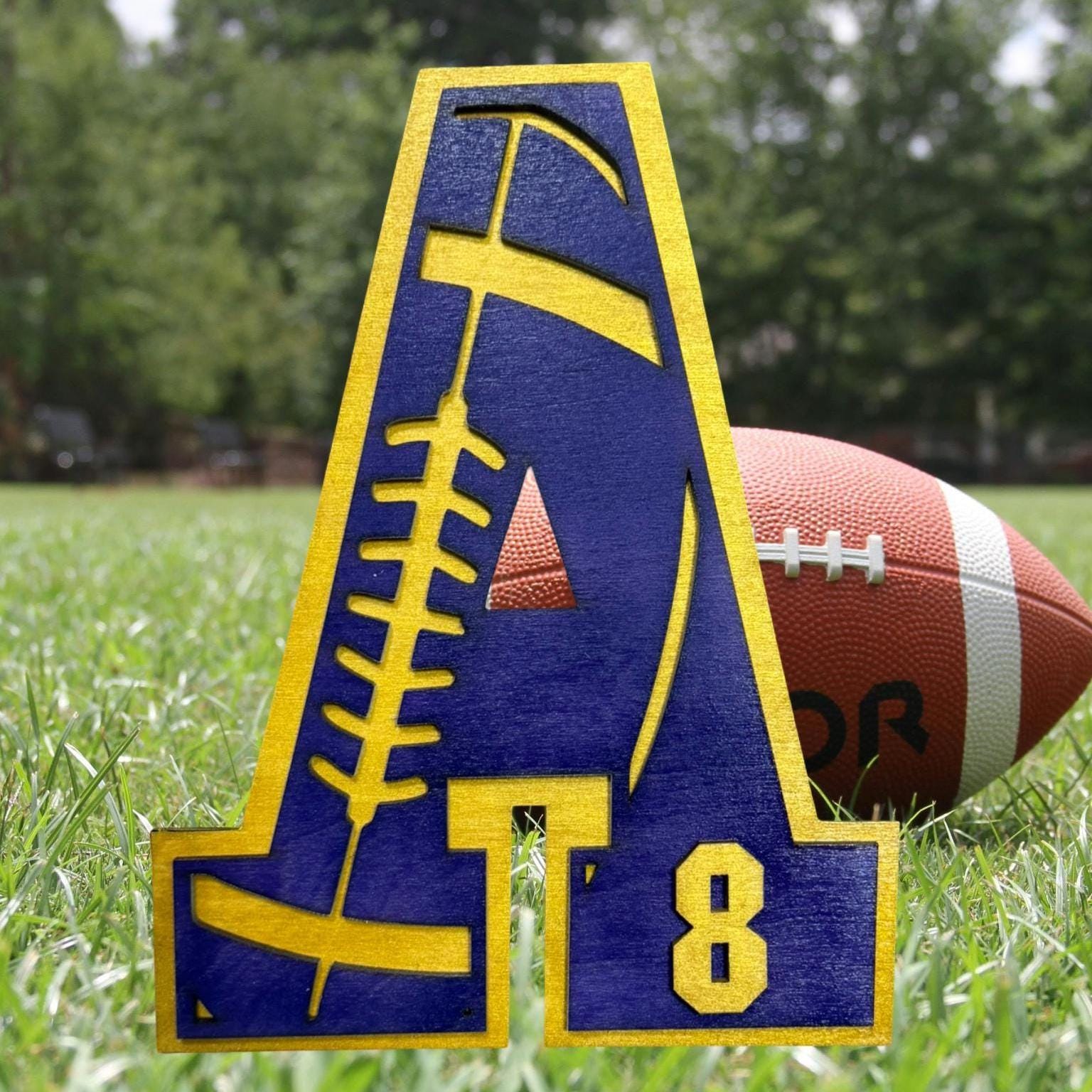 Custom Football Letter Sign – Personalized 12" Wooden Wall Decor – Jersey Number & Team Colors – Player Room Sign – Coach Gift