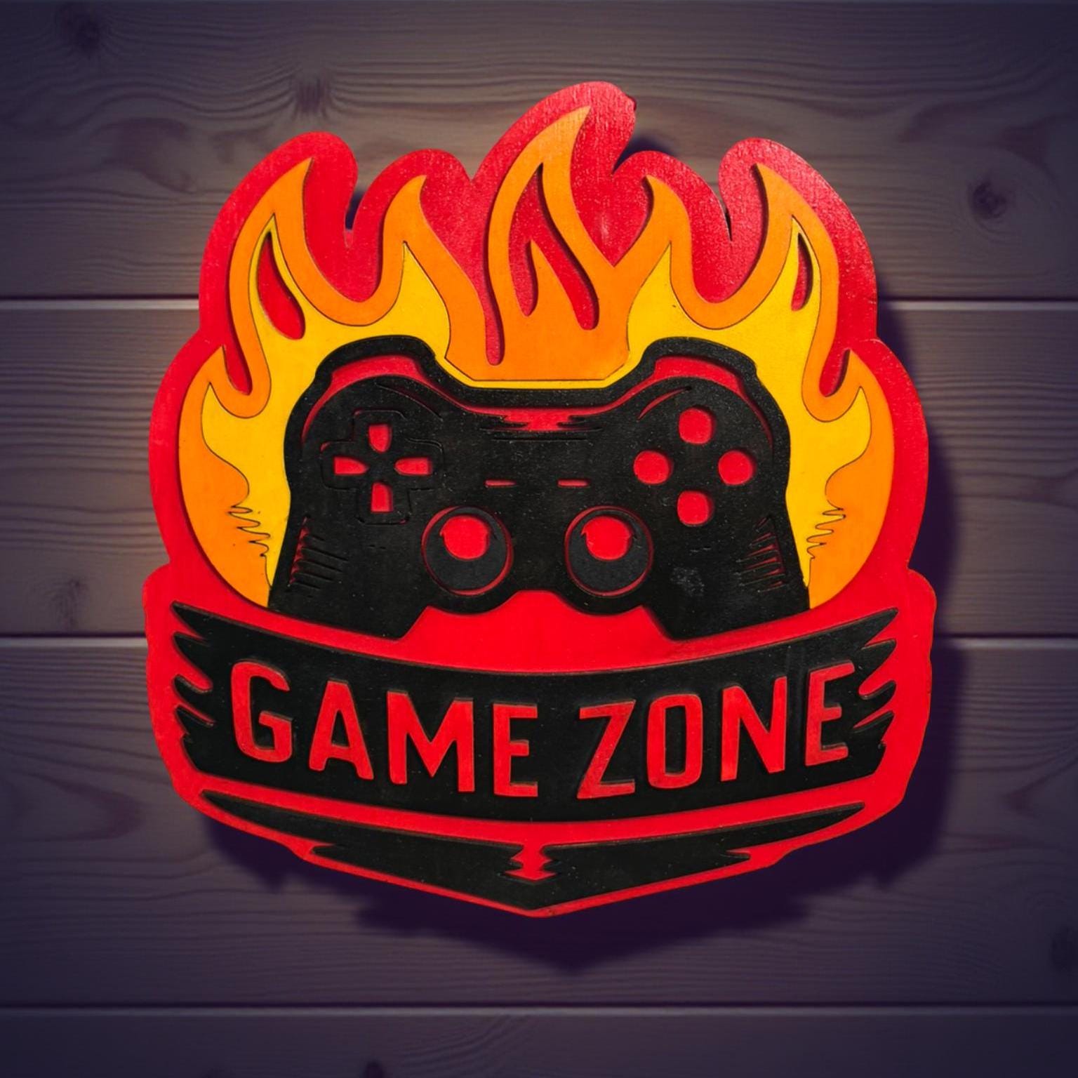 Game Zone Sign – 12" Gaming Room Decor – Multilayered Wood Sign with Flames & Controller – Video Game Wall Art Gift for Gamers