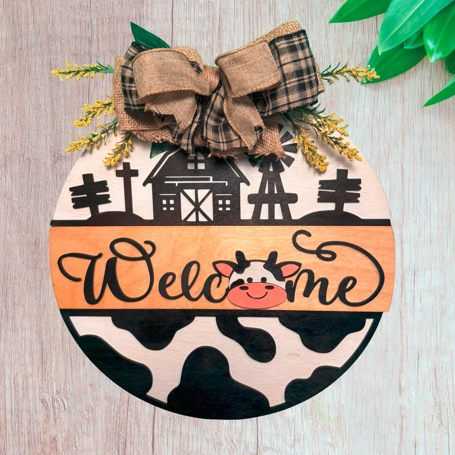 Farmhouse Cow Welcome Sign – 14" Round Wooden Door Hanger – Rustic Barn Porch Decor – Country Front Door Sign with Bow - Thumbnail 6