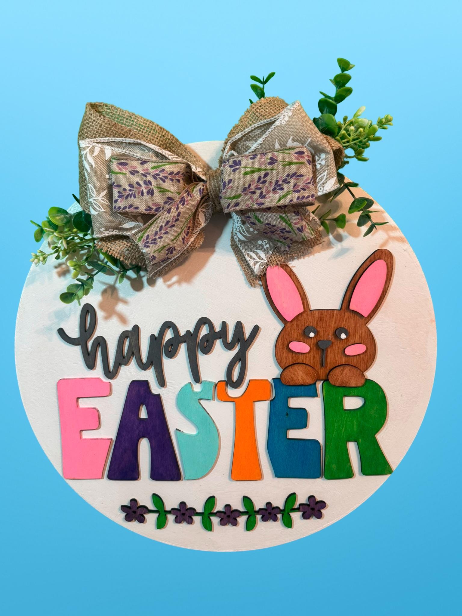 Handmade Easter Bunny Door Hanger: 14in Layered Wooden Farmhouse Sign - Thumbnail 5