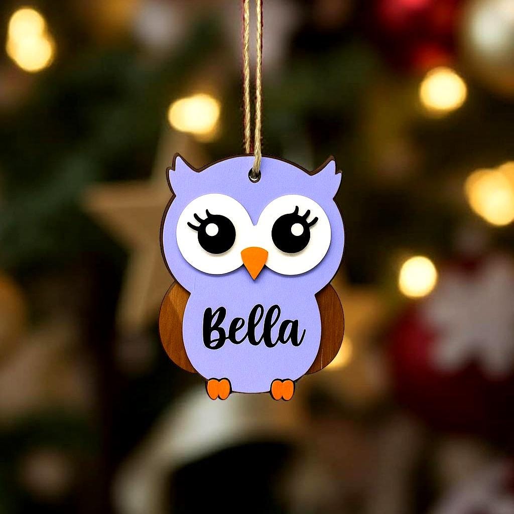 Personalized Owl Ornament – Custom Name Christmas Ornament – 4” Layered Wood Design – Pink, Blue, or Purple Owl Gift for Kids - Thumbnail 5
