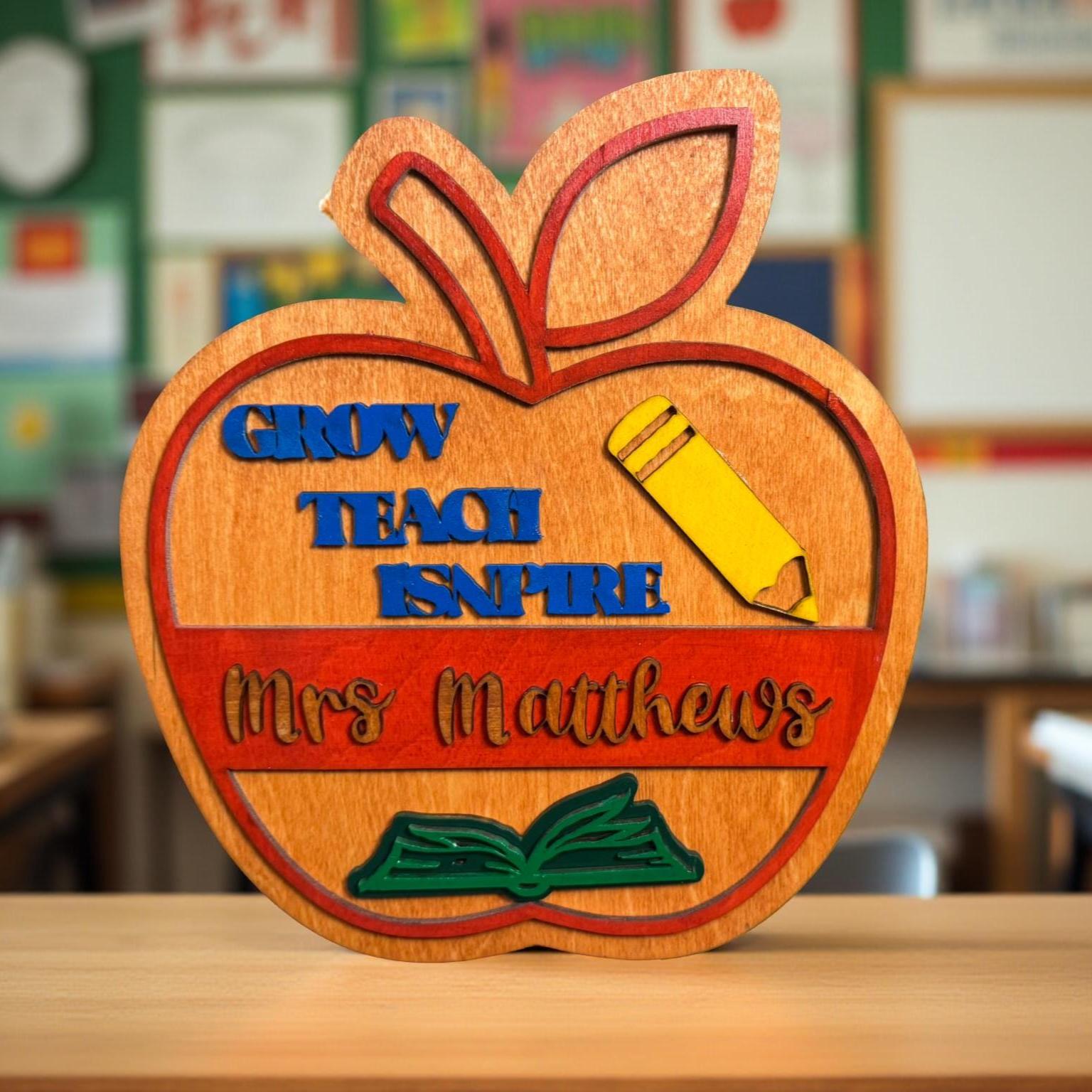 Personalized Teacher Apple Sign: Custom Classroom Decor, Wood Sign - Thumbnail 3