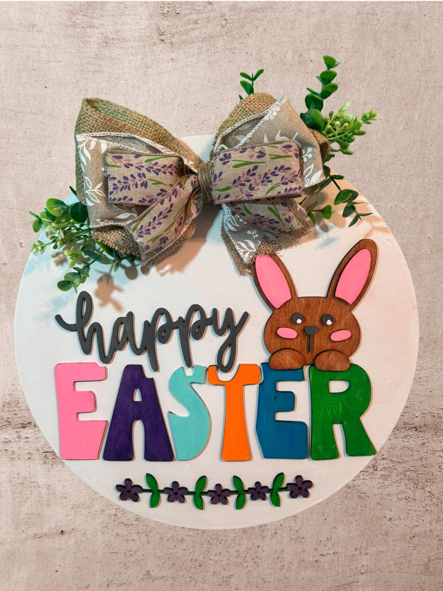 Handmade Easter Bunny Door Hanger: 14in Layered Wooden Farmhouse Sign - Thumbnail 4