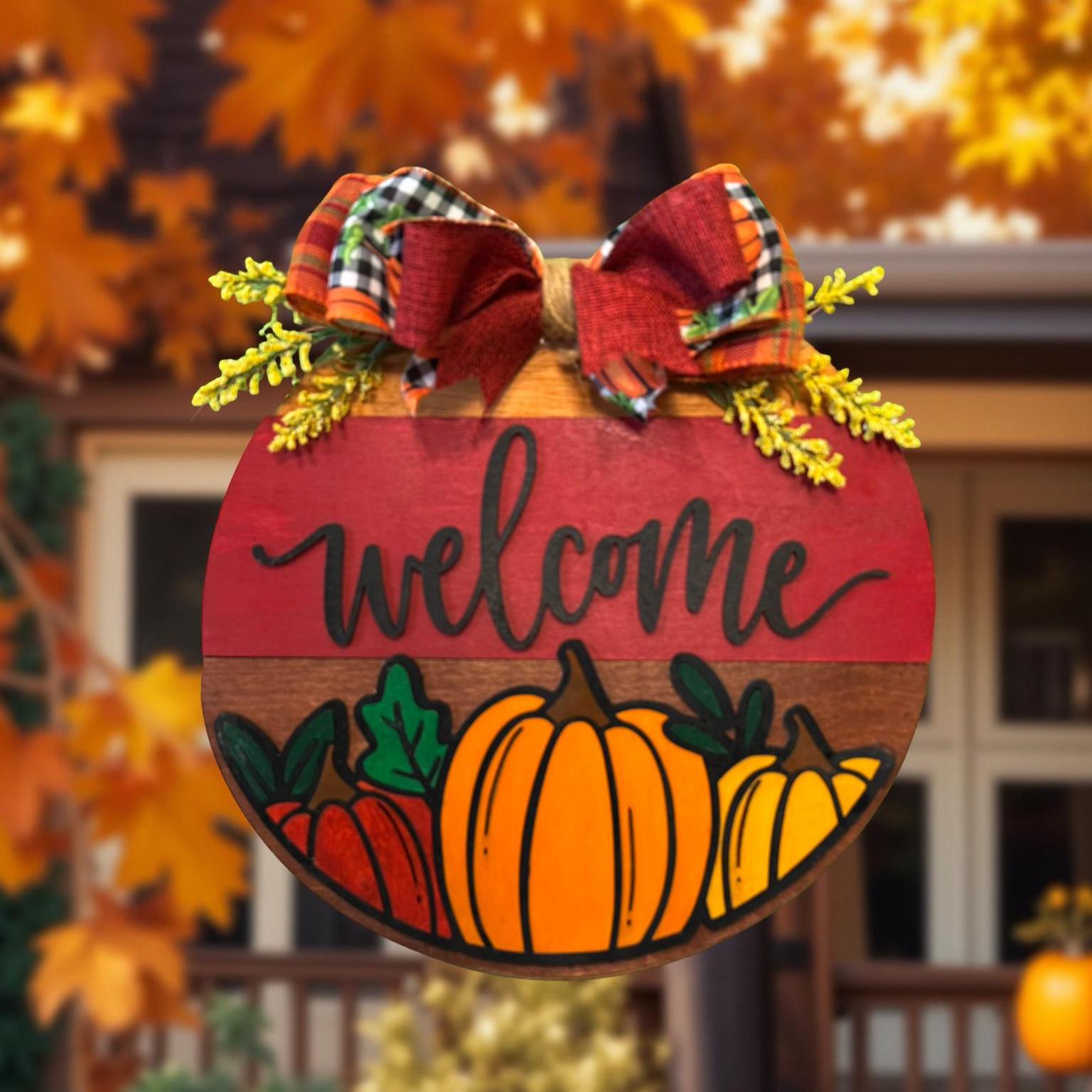 Fall Welcome Sign with Pumpkins – 12" or 14" Round Layered Wood Door Hanger – Rustic Farmhouse Autumn Porch or Wall Decor with Bow - Thumbnail 5