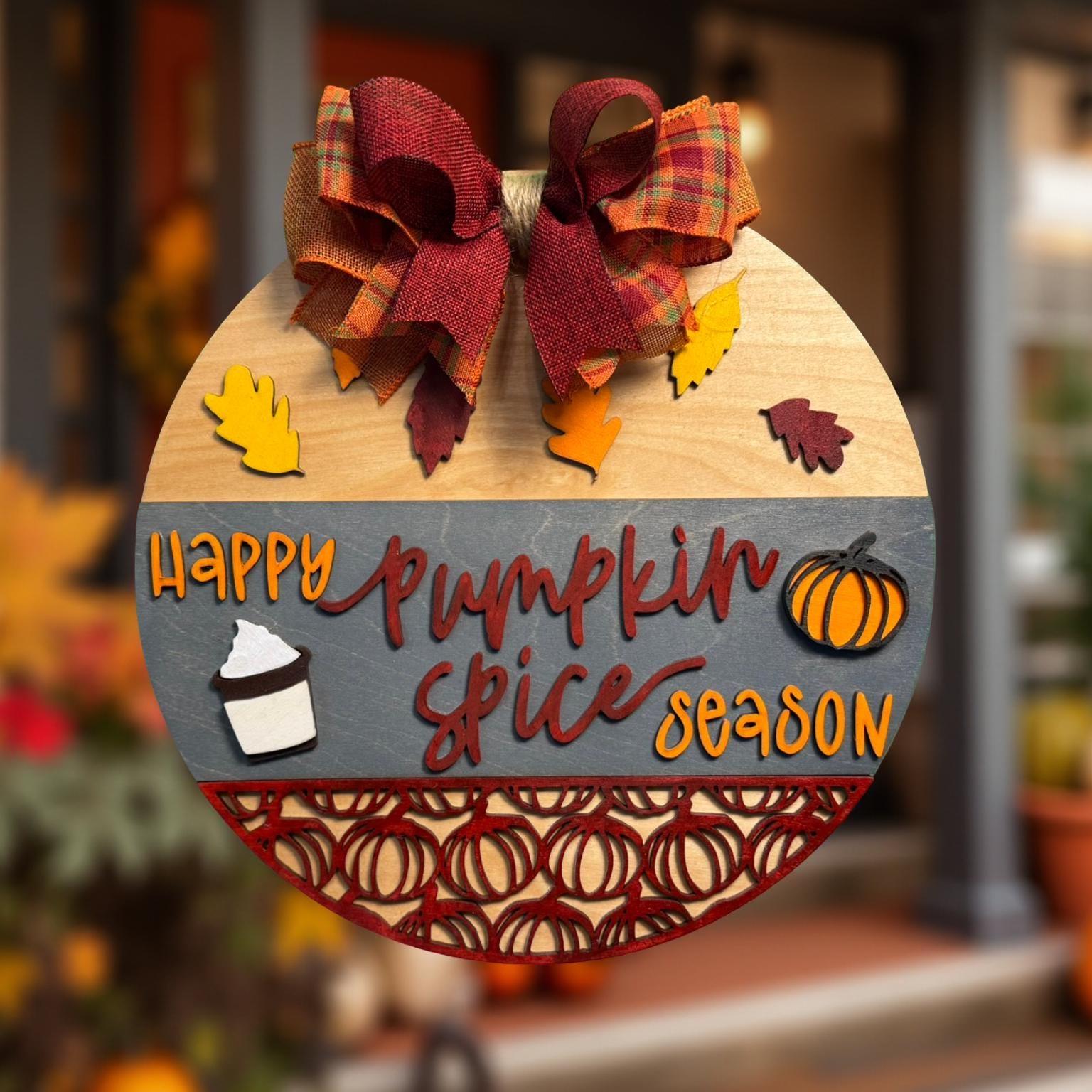 Pumpkin Spice Season Wood Sign: Fall Farmhouse Door Hanger with Plaid Bow