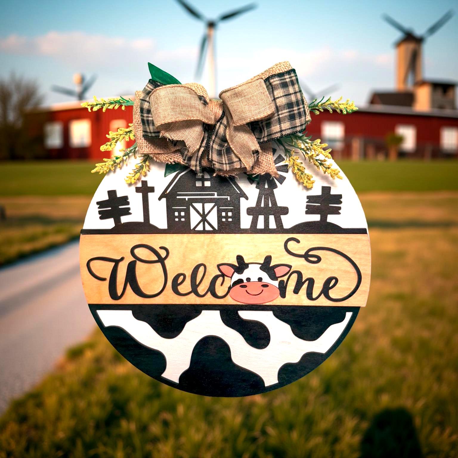 Farmhouse Cow Welcome Sign – 14" Round Wooden Door Hanger – Rustic Barn Porch Decor – Country Front Door Sign with Bow - Thumbnail 3