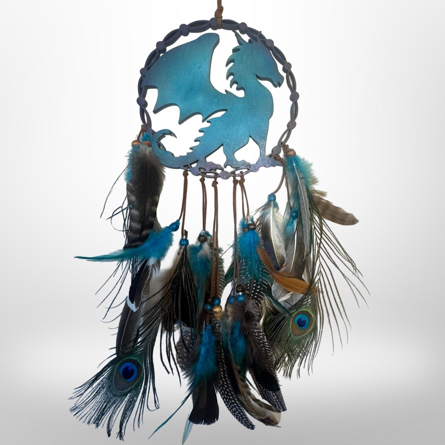 Dragon Dream Catcher – Teal & Purple Dream Catcher Hanging with Feathers – 20" Fantasy Decor – Handmade Dragon Gift for Bedroom or Wall