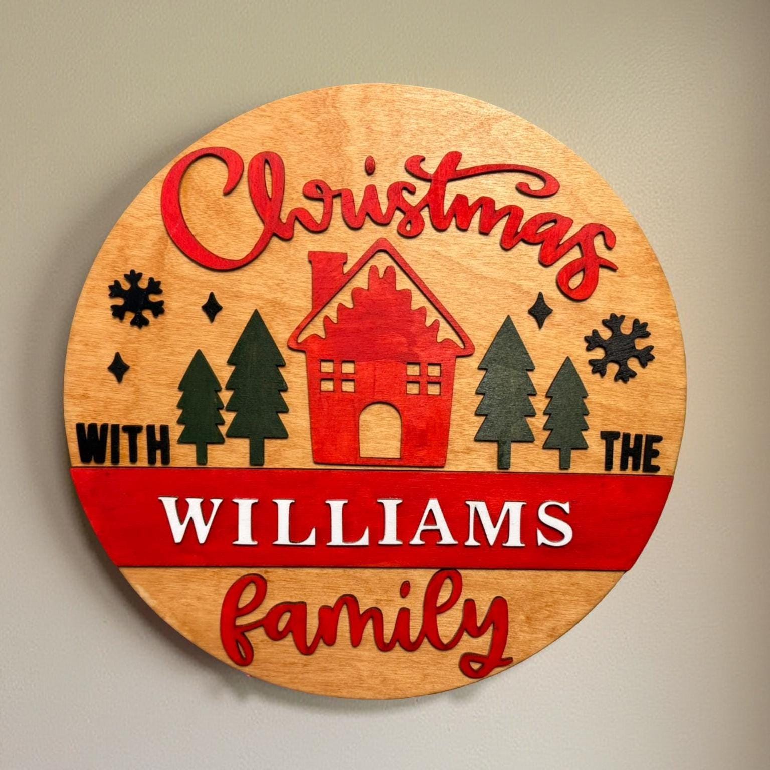 Personalized Christmas Family Sign – 14" Round Layered Wood Wall Decor – Custom Holiday Door Hanger – Rustic Christmas Name Sign - Thumbnail 3