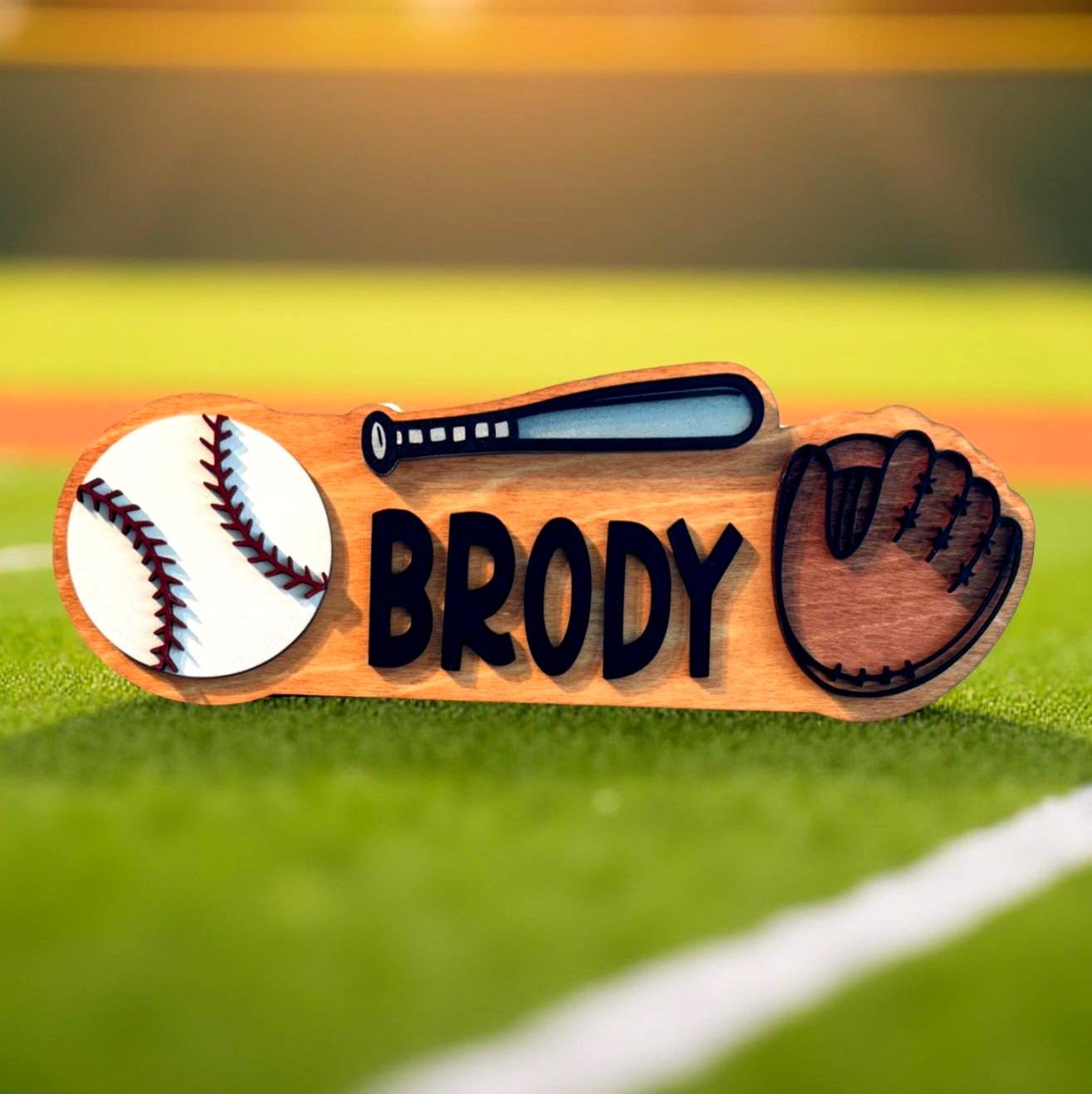 Personalized Baseball Name Sign – Custom Bat, Ball & Glove Cutouts –Layered Wood - Thumbnail 2