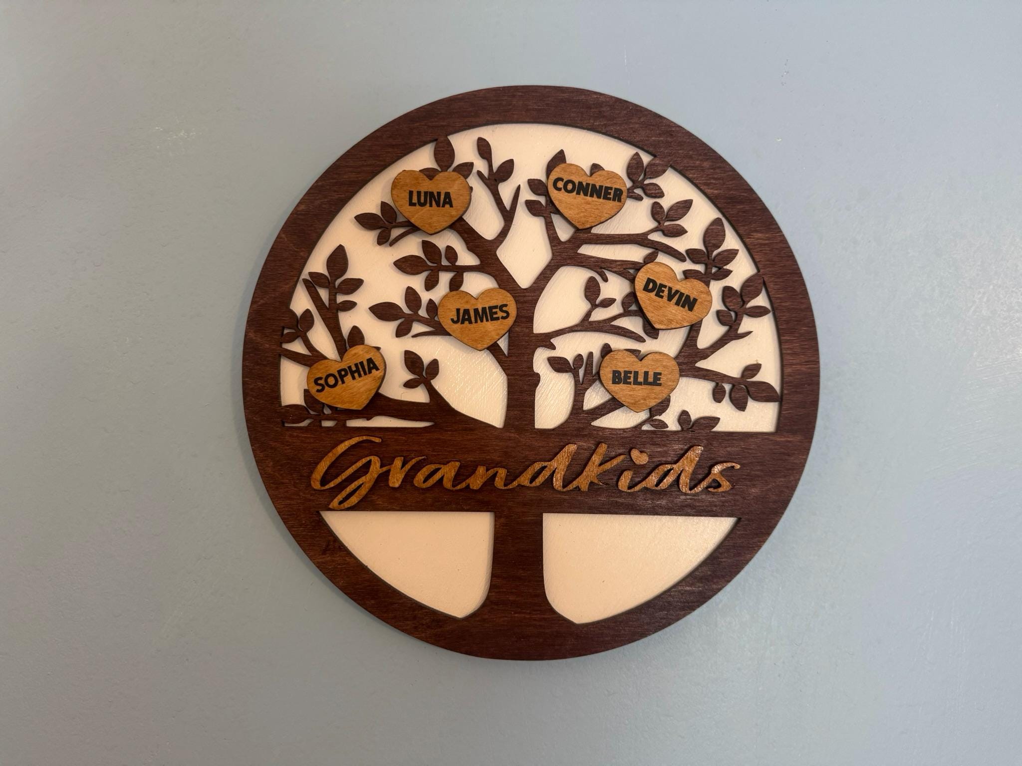 Personalized Grandchildren Family Tree Sign: Layered Wood, Rustic Farmhouse Decor - Thumbnail 2