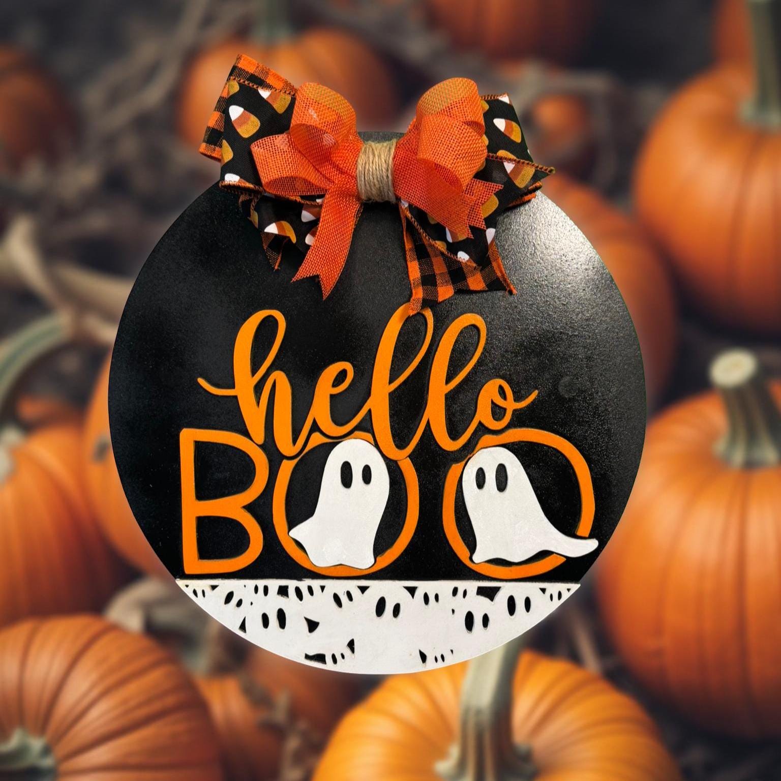 Ghost Halloween Sign: Layered Wood Door Hanger with Bow - Thumbnail 5