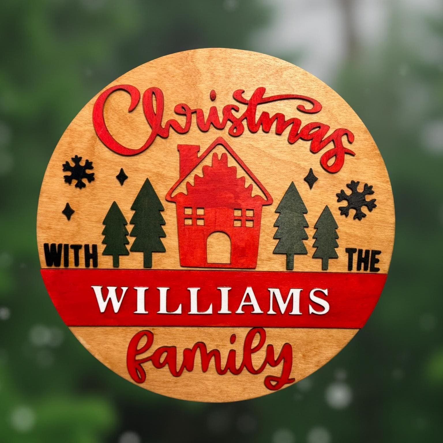 Personalized Christmas Family Sign – 14" Round Layered Wood Wall Decor – Custom Holiday Door Hanger – Rustic Christmas Name Sign - Image 1