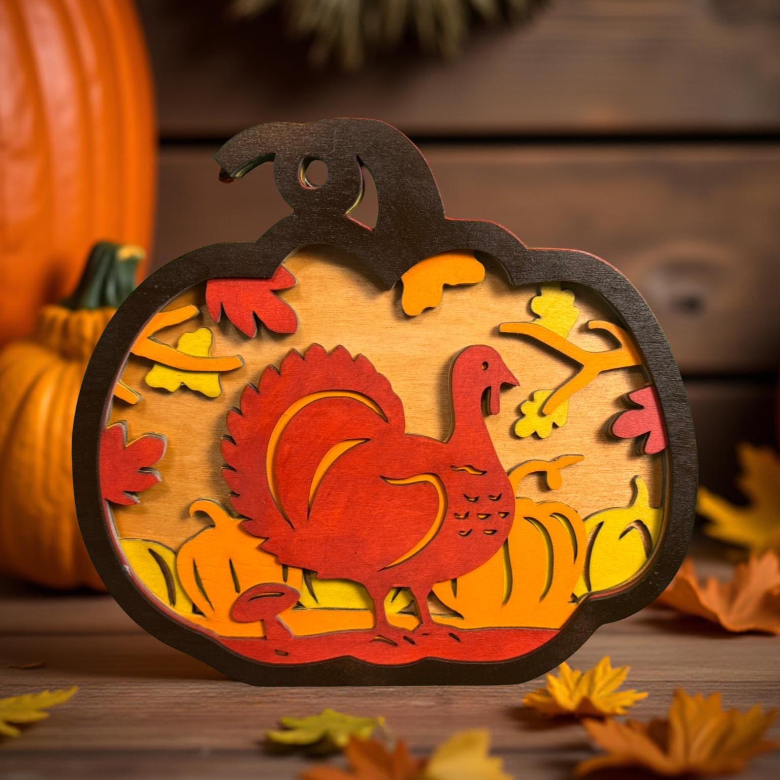 Layered Wooden Turkey Pumpkin Sign: Rustic Fall Thanksgiving Decor - Thumbnail 2