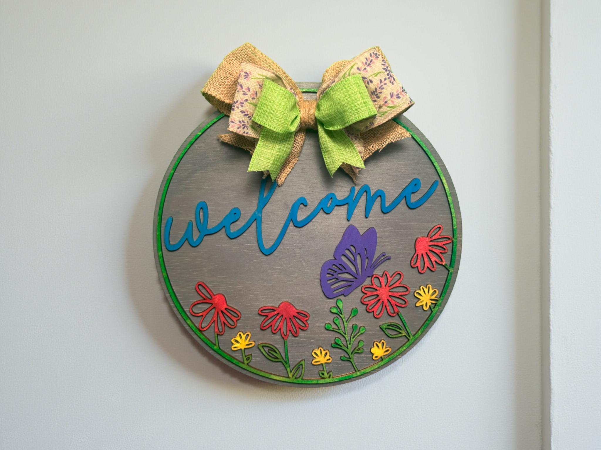 Handmade Floral Butterfly Welcome Sign: Farmhouse Porch Decor - Thumbnail 3