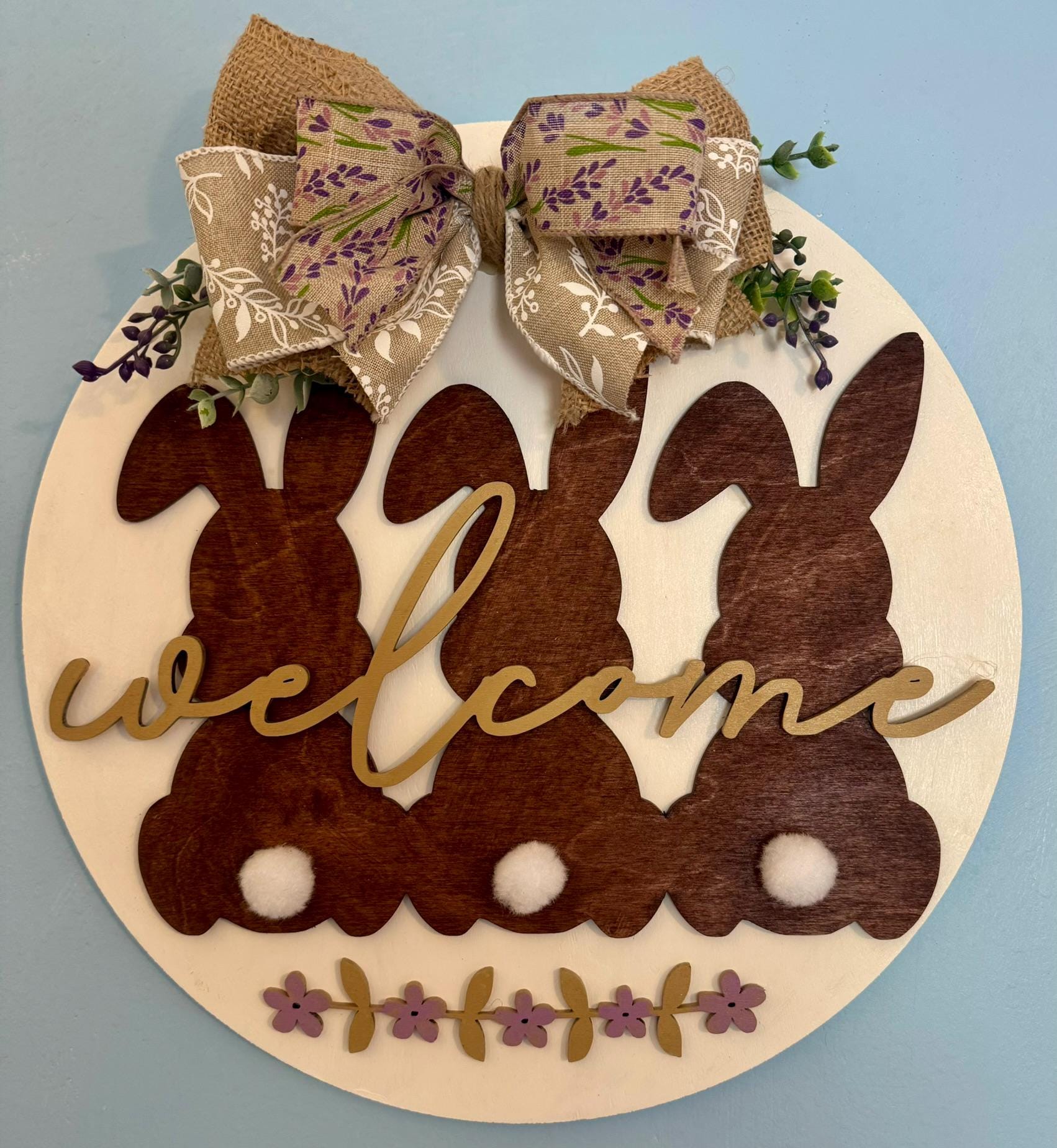 Easter Bunny Welcome Sign: Round Wooden Farmhouse Decor