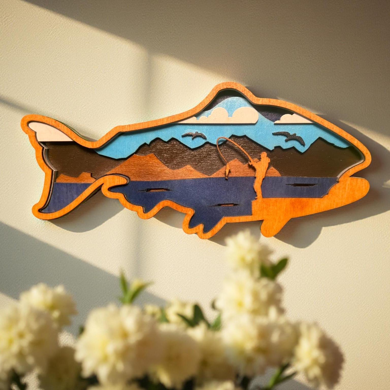 Layered Wood Fish Wall Art: Rustic Cabin Lake House Decor - Thumbnail 5
