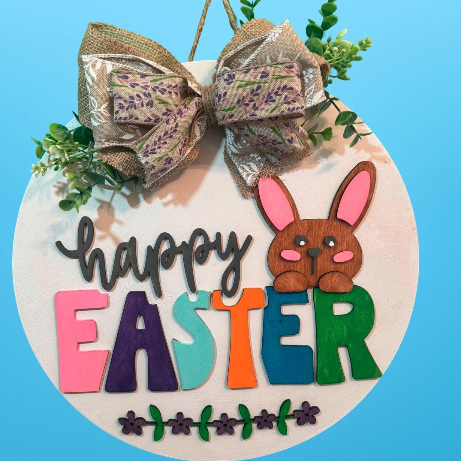 Handmade Easter Bunny Door Hanger: 14in Layered Wooden Farmhouse Sign - Thumbnail 7