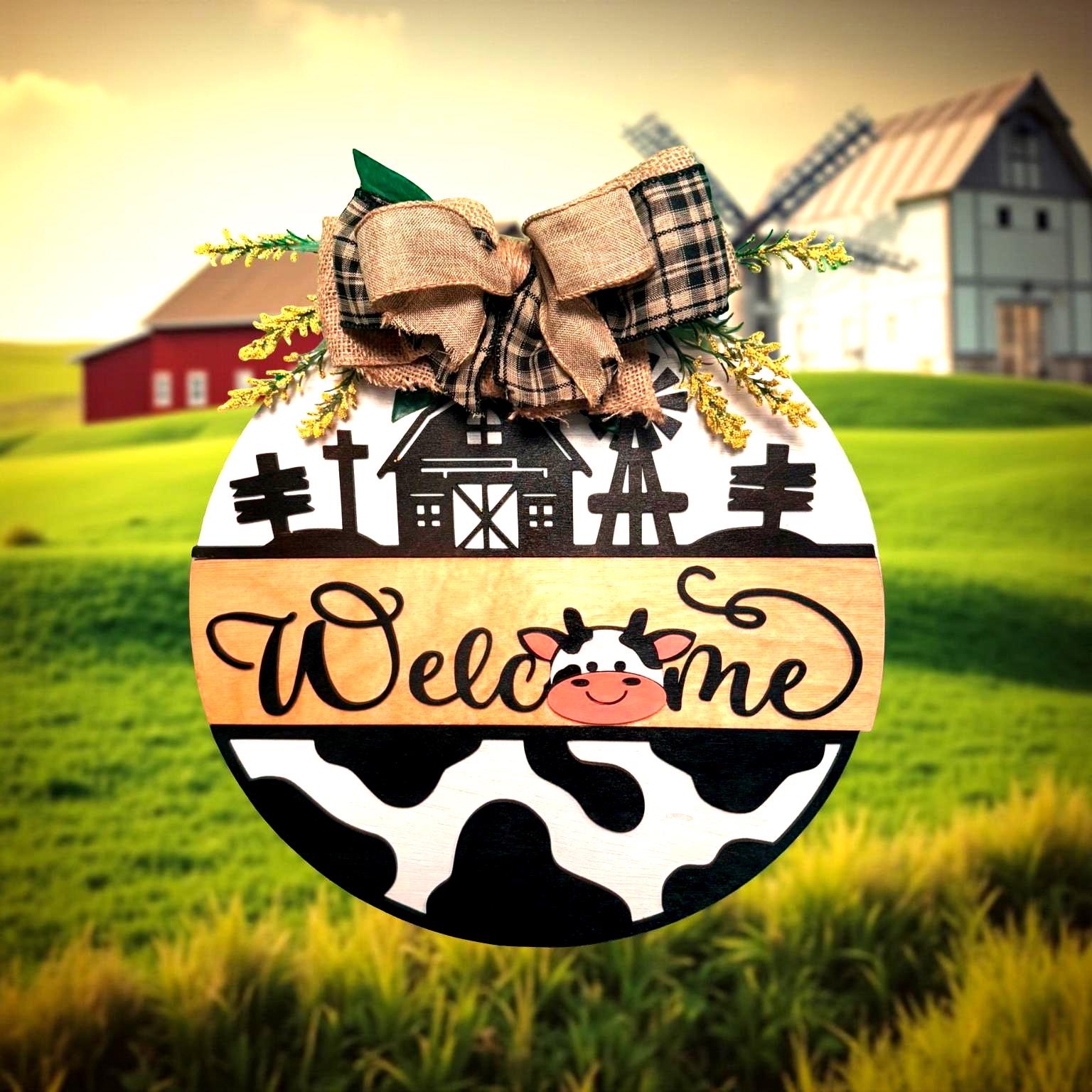 Farmhouse Cow Welcome Sign – 14" Round Wooden Door Hanger – Rustic Barn Porch Decor – Country Front Door Sign with Bow - Thumbnail 5
