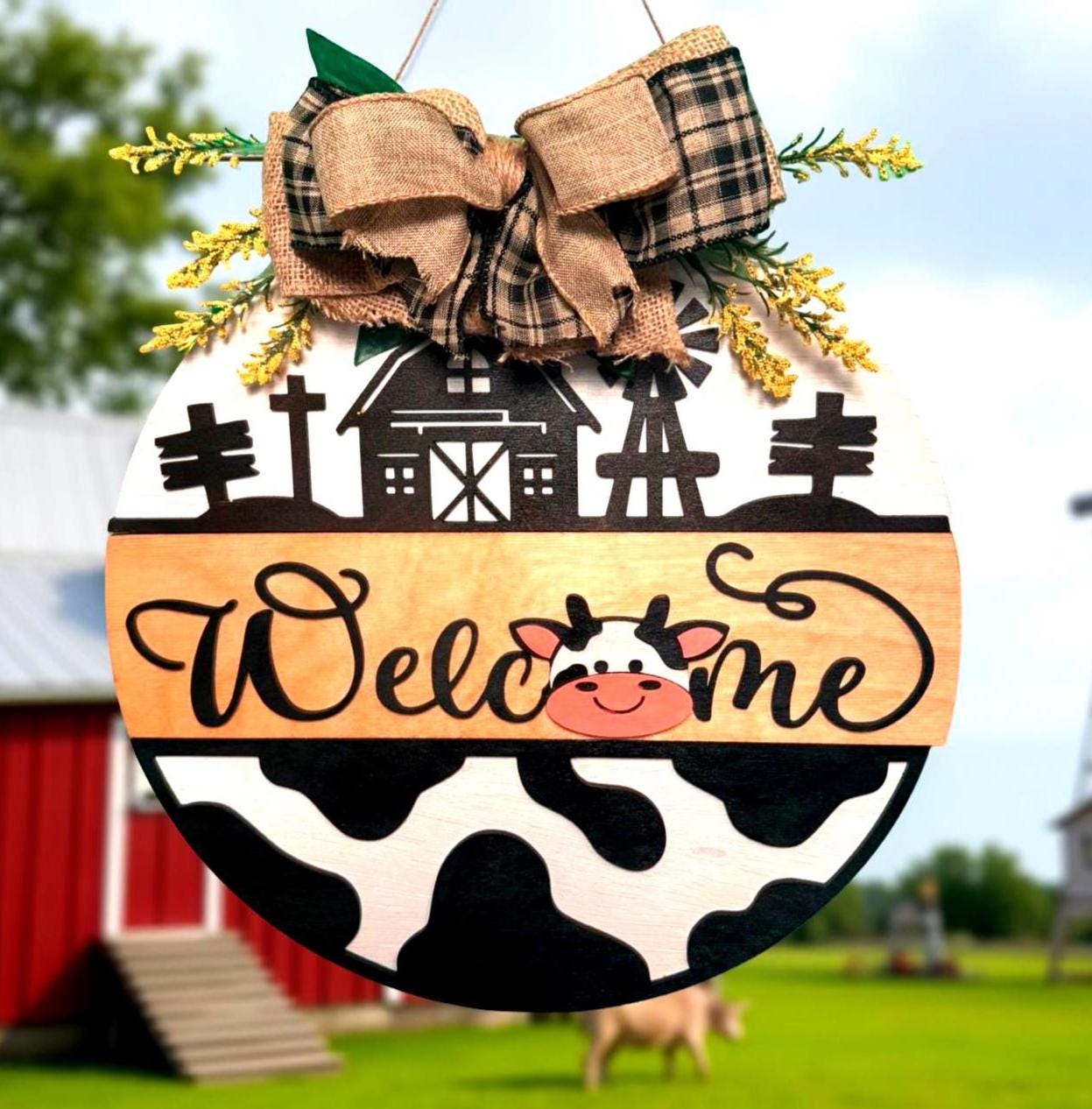 Farmhouse Cow Welcome Sign – 14" Round Wooden Door Hanger – Rustic Barn Porch Decor – Country Front Door Sign with Bow - Thumbnail 4