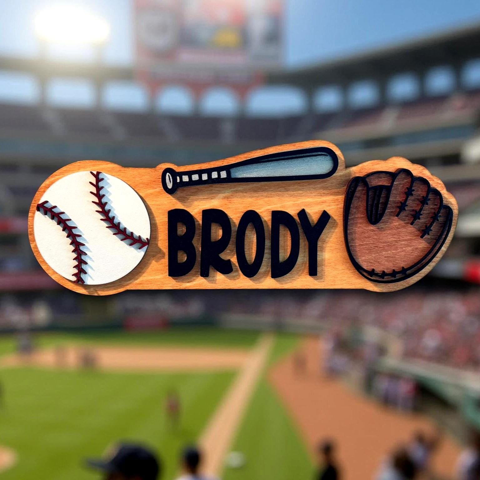 Personalized Baseball Name Sign – Custom Bat, Ball & Glove Cutouts –Layered Wood - Thumbnail 5