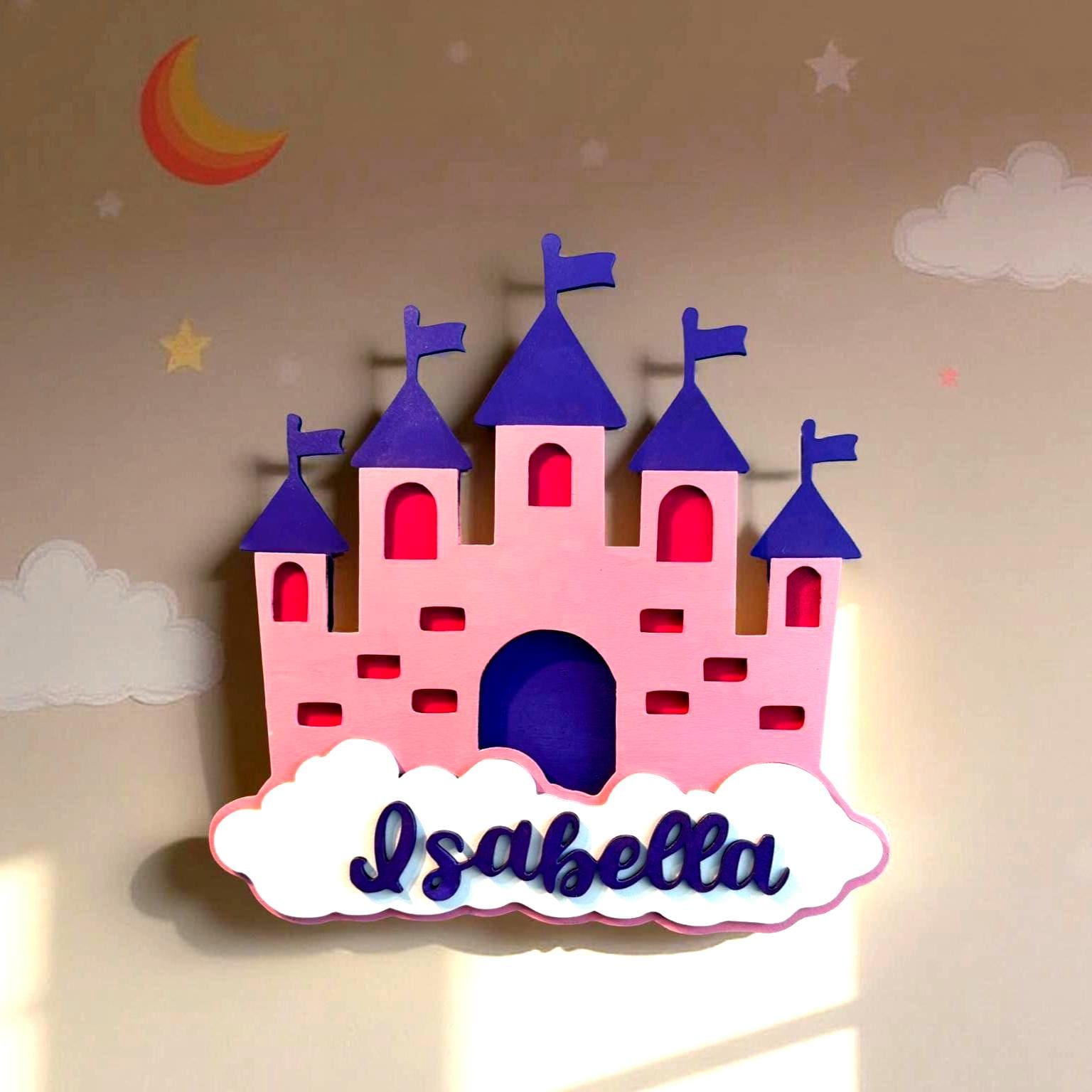 Personalized Princess Castle Sign – Custom Name Wall Decor for Girls Room or Nursery – Pink Layered Wood Castle with Cloud Cutout - Thumbnail 6