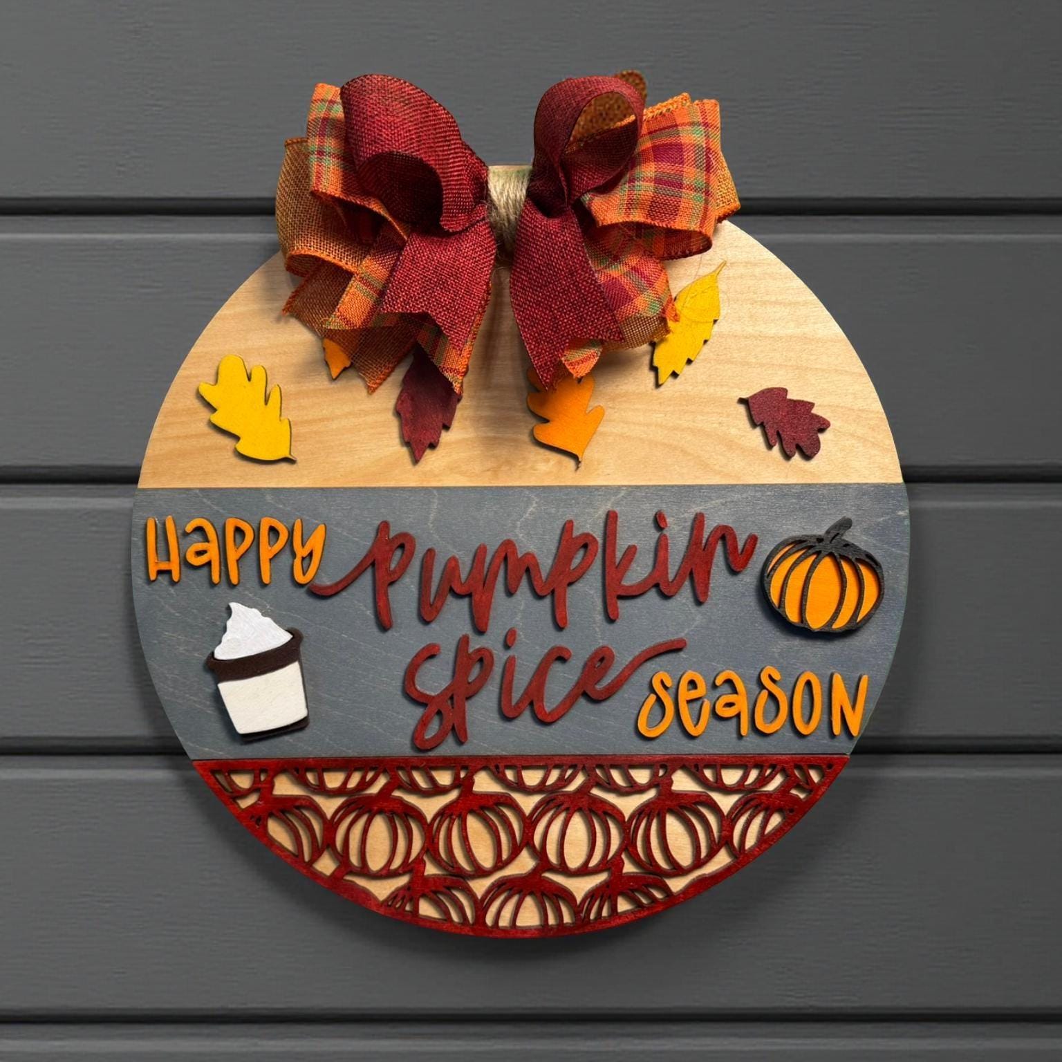 Pumpkin Spice Season Wood Sign: Fall Farmhouse Door Hanger with Plaid Bow - Thumbnail 5