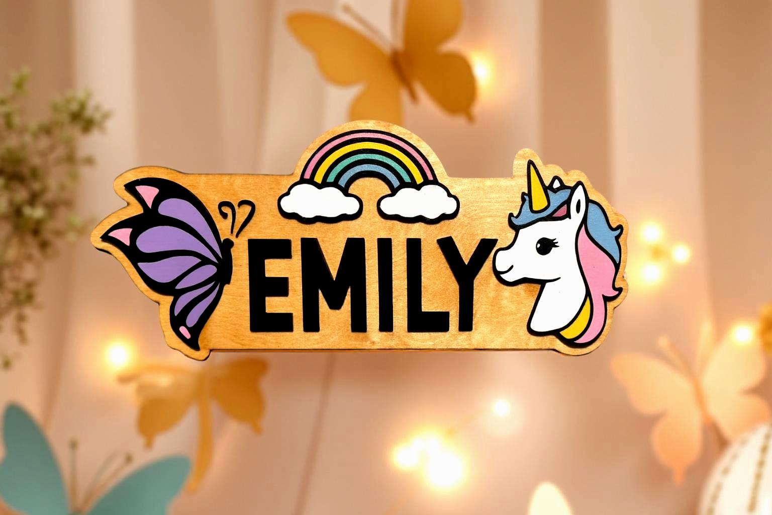 Unicorn Rainbow Name Sign – Personalized Kids Wall Decor – Butterfly & Unicorn  - Thumbnail 4