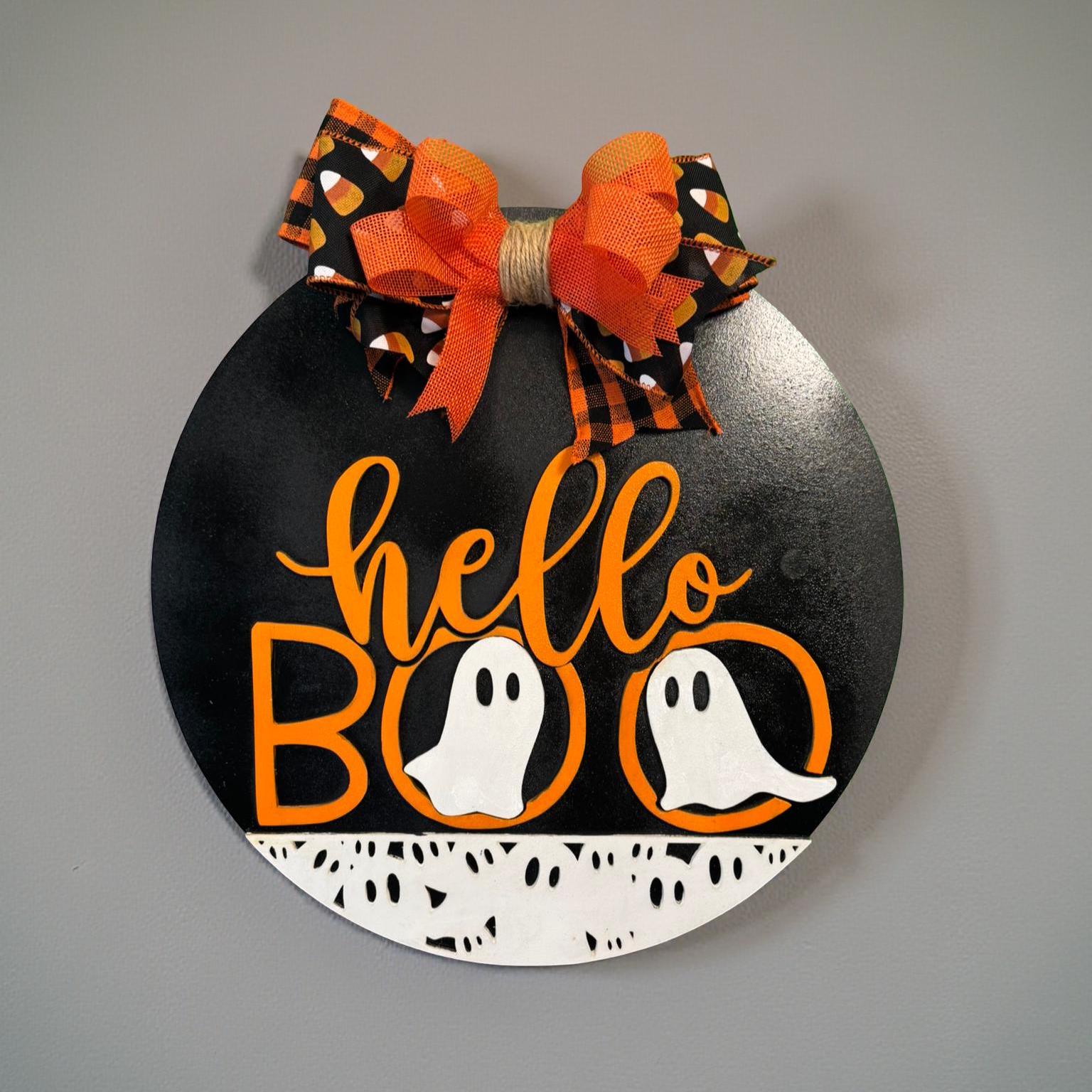 Ghost Halloween Sign: Layered Wood Door Hanger with Bow - Thumbnail 3