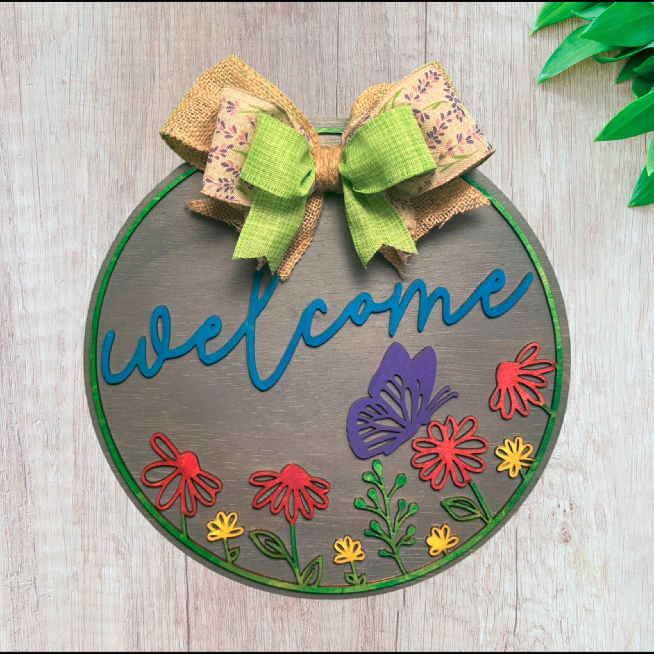 Handmade Floral Butterfly Welcome Sign: Farmhouse Porch Decor