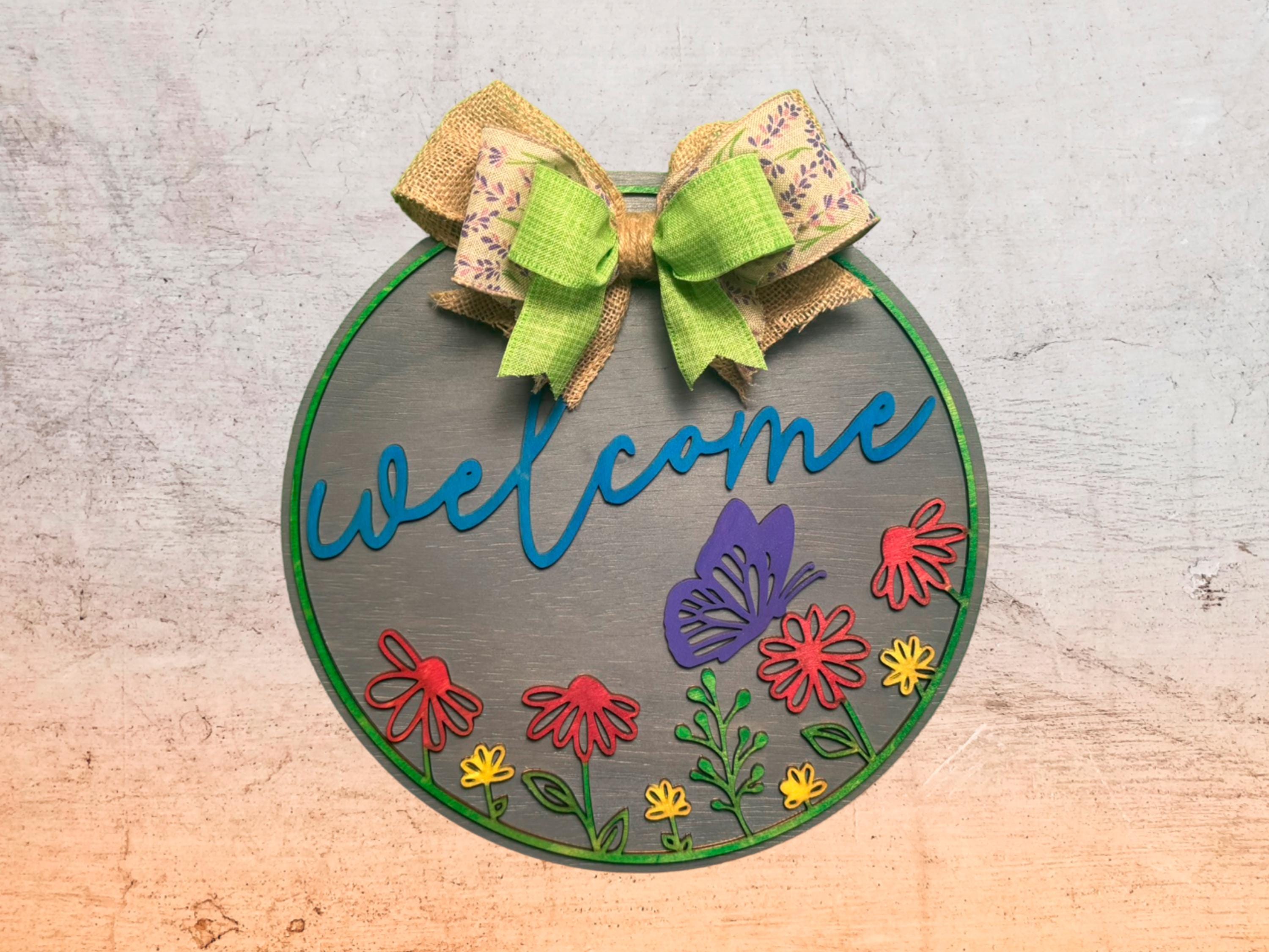 Handmade Floral Butterfly Welcome Sign: Farmhouse Porch Decor - Thumbnail 4