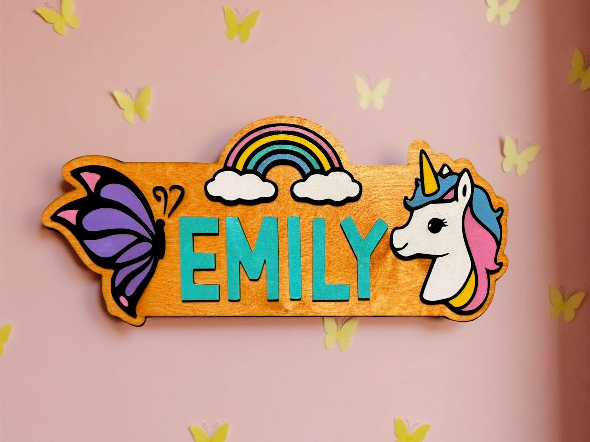 Unicorn Rainbow Name Sign – Personalized Kids Wall Decor – Butterfly & Unicorn  - Thumbnail 5