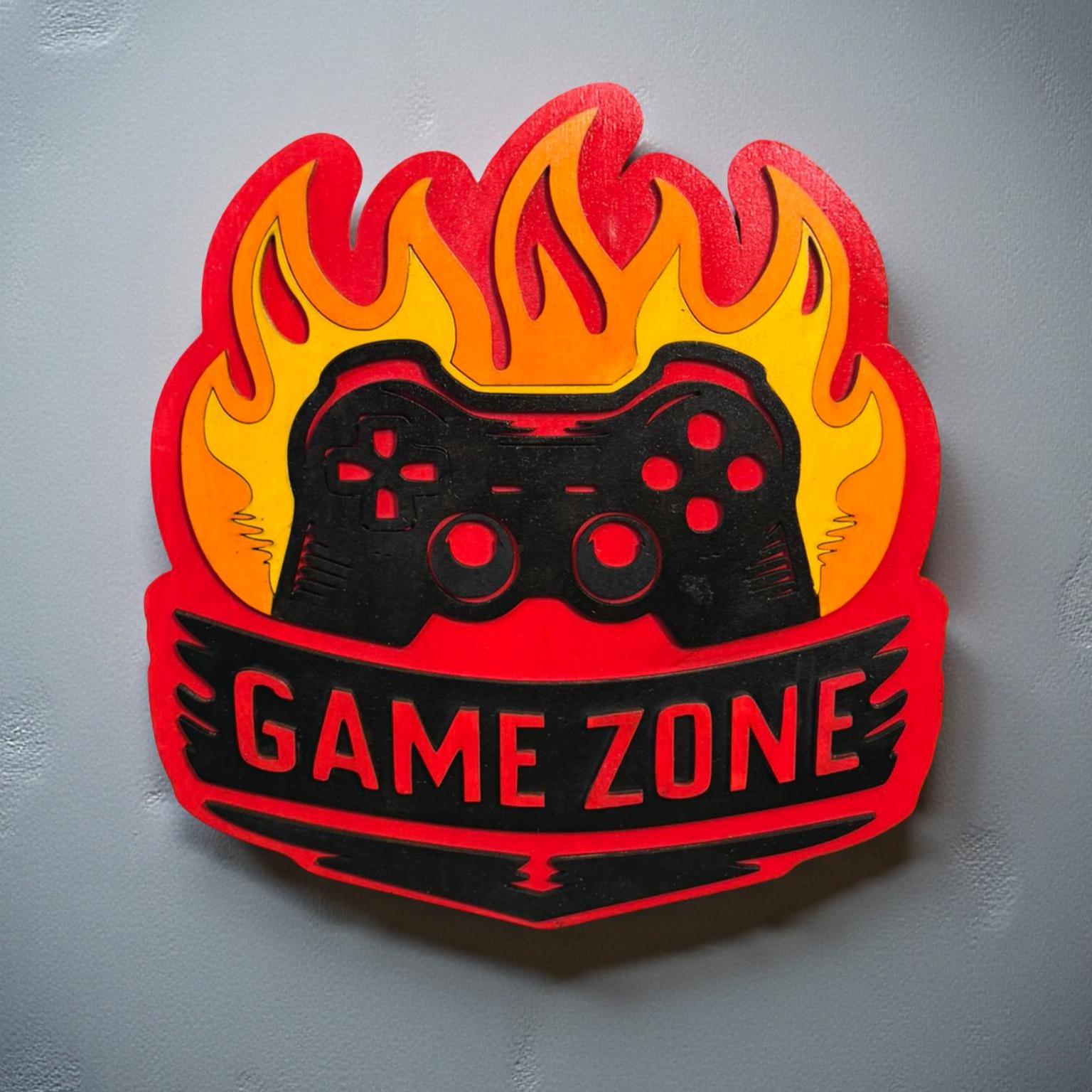 Game Zone Sign – 12" Gaming Room Decor – Multilayered Wood Sign with Flames & Controller – Video Game Wall Art Gift for Gamers - Thumbnail 2