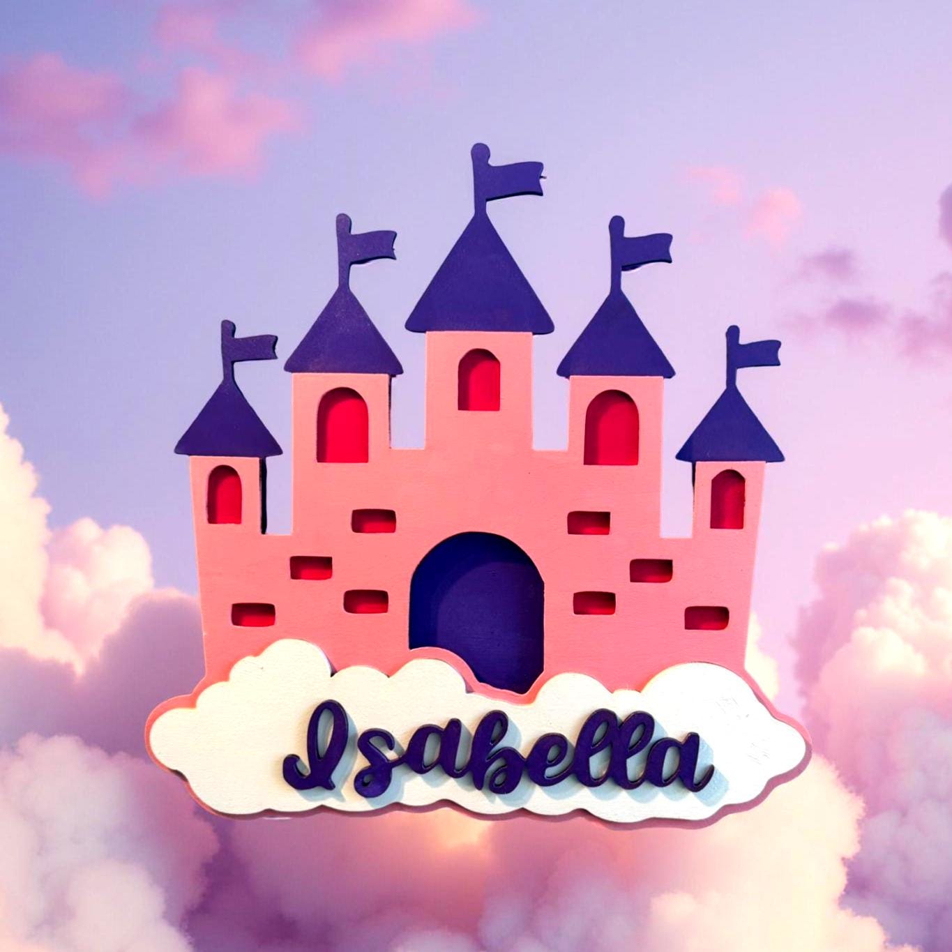 Personalized Princess Castle Sign – Custom Name Wall Decor for Girls Room or Nursery – Pink Layered Wood Castle with Cloud Cutout - Thumbnail 3
