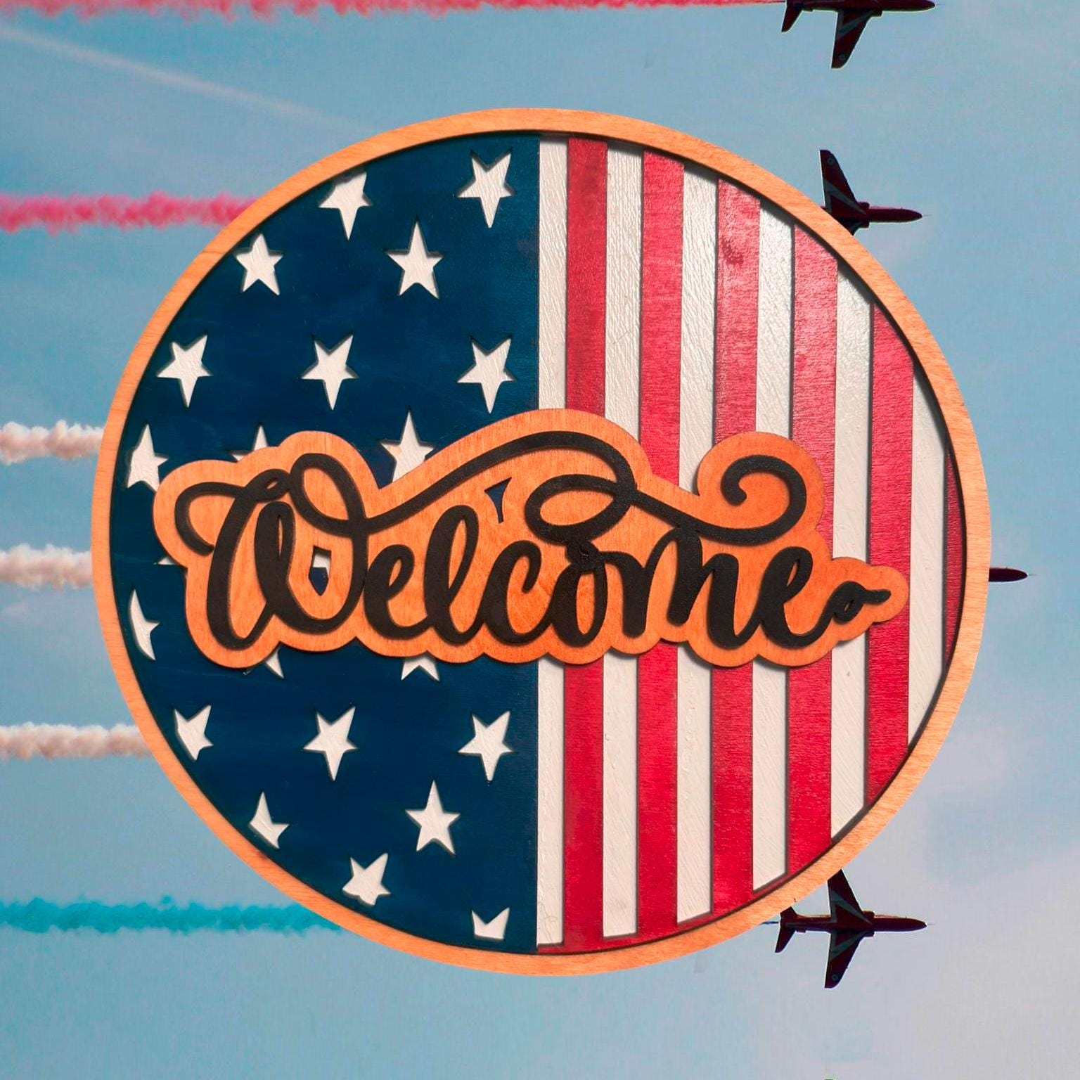 Layered Wooden USA Flag Welcome Sign: Patriotic Door Decor - Thumbnail 5