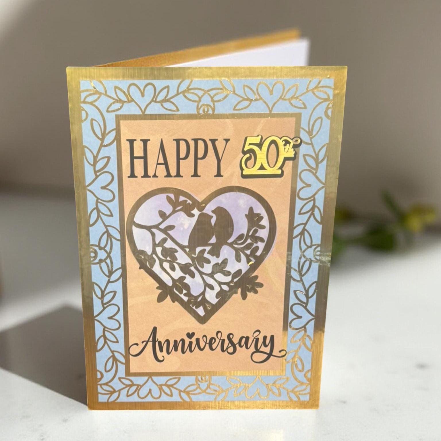 Handmade Golden Anniversary Card: Bird & Heart Design, 50th Milestone - Thumbnail 4