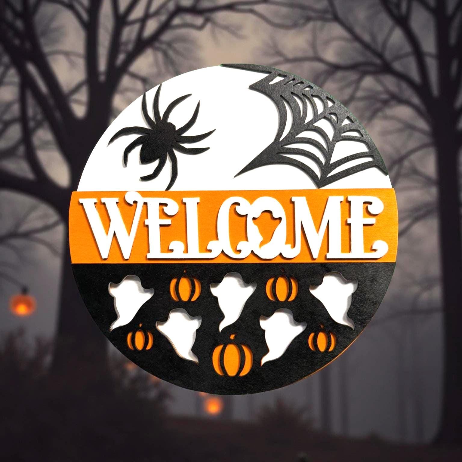 Halloween Welcome Sign: Layered Wood Ghost & Spider Door Hanger - Image 1