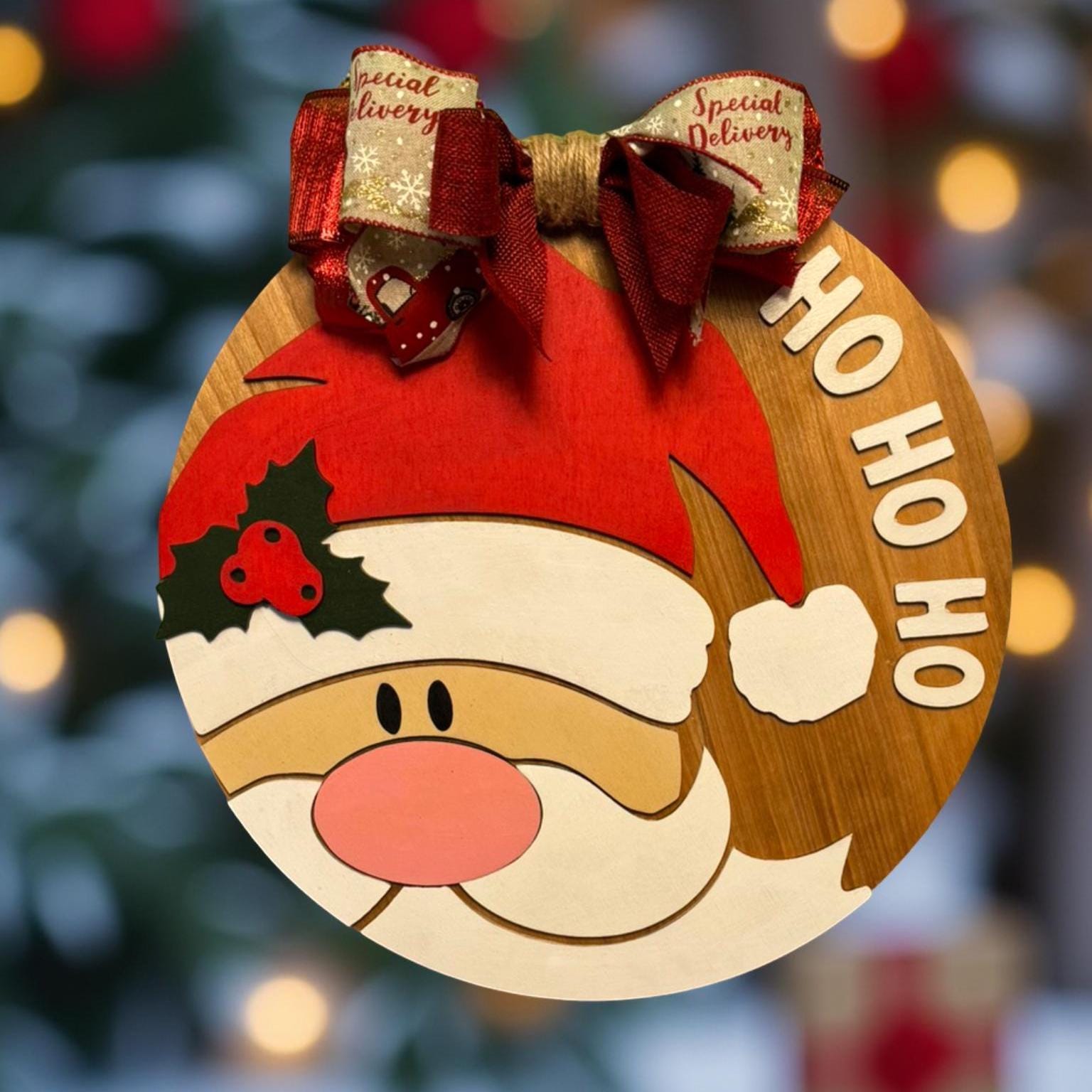 Layered Wooden Santa Sign: 14" Christmas Door Hanger, Optional Bow - Thumbnail 4