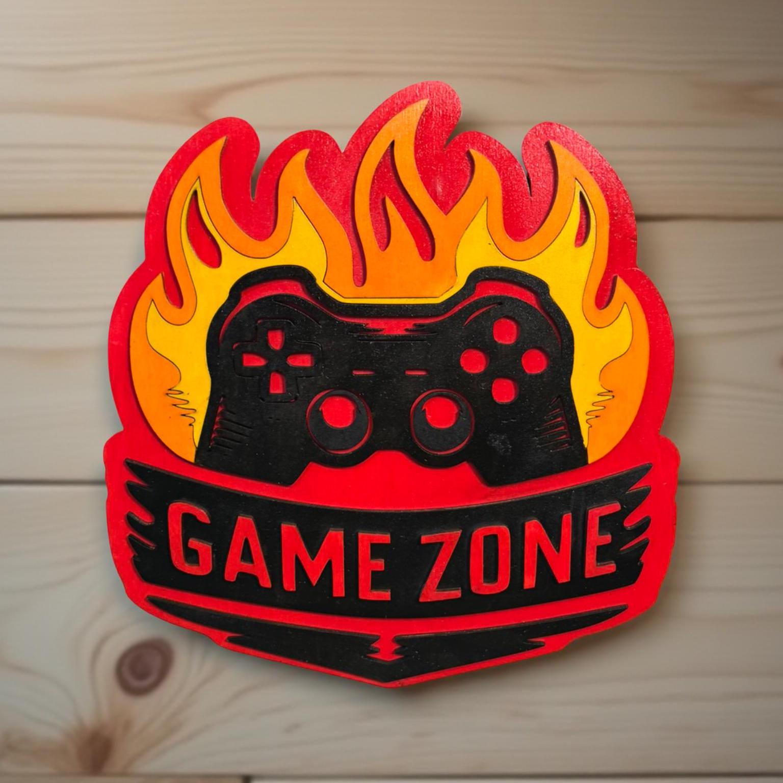 Game Zone Sign – 12" Gaming Room Decor – Multilayered Wood Sign with Flames & Controller – Video Game Wall Art Gift for Gamers - Thumbnail 3