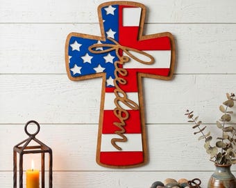 Letrero de madera con cruz patriótica: Bandera estadounidense, decoración de pared por la libertad.