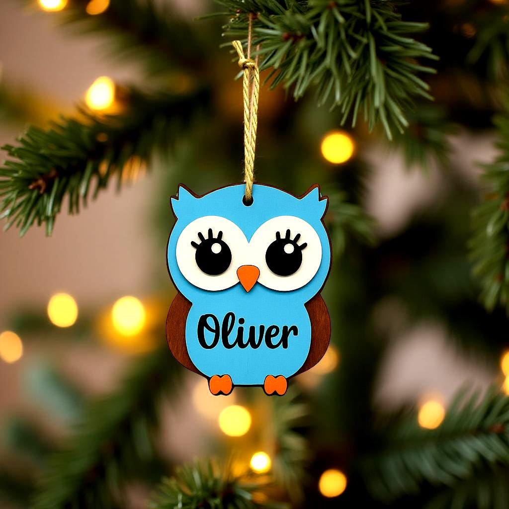 Personalized Owl Ornament – Custom Name Christmas Ornament – 4” Layered Wood Design – Pink, Blue, or Purple Owl Gift for Kids