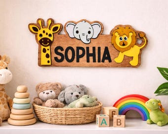 Personalisierte Safari Namensschild | Benutzerdefinierte Tierwanddekor | Dschungel-Kinderzimmer oder Kinderzimmer
