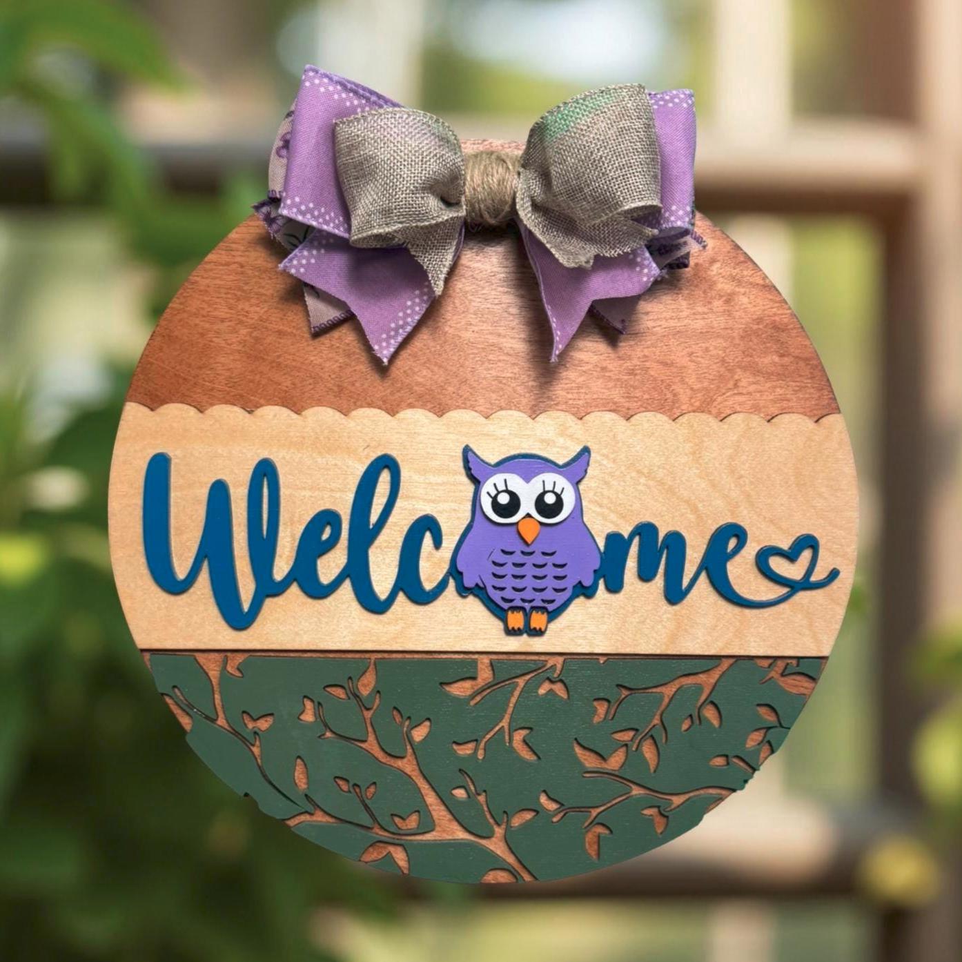 Owl Welcome Door Sign – 14" Handmade Layered Wood Round with Bow – Spring, Summer, or Mother’s Day Front Door Decor – Owl Lover Gift Idea - Thumbnail 2