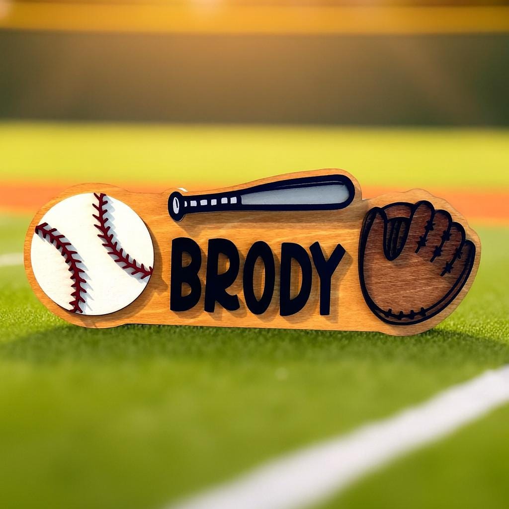 Personalized Baseball Name Sign – Custom Bat, Ball & Glove Cutouts –Layered Wood