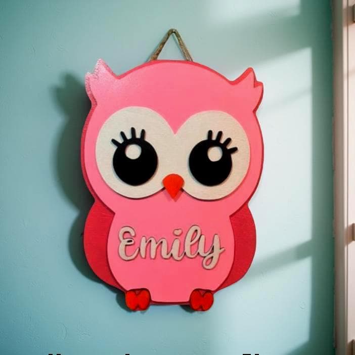 Personalized 14" Layered Wooden Owl Sign – Customizable Color & Name Nursery or Kid's Room Wall Decor; Handcrafted Custom Made to Order Owl - Thumbnail 4
