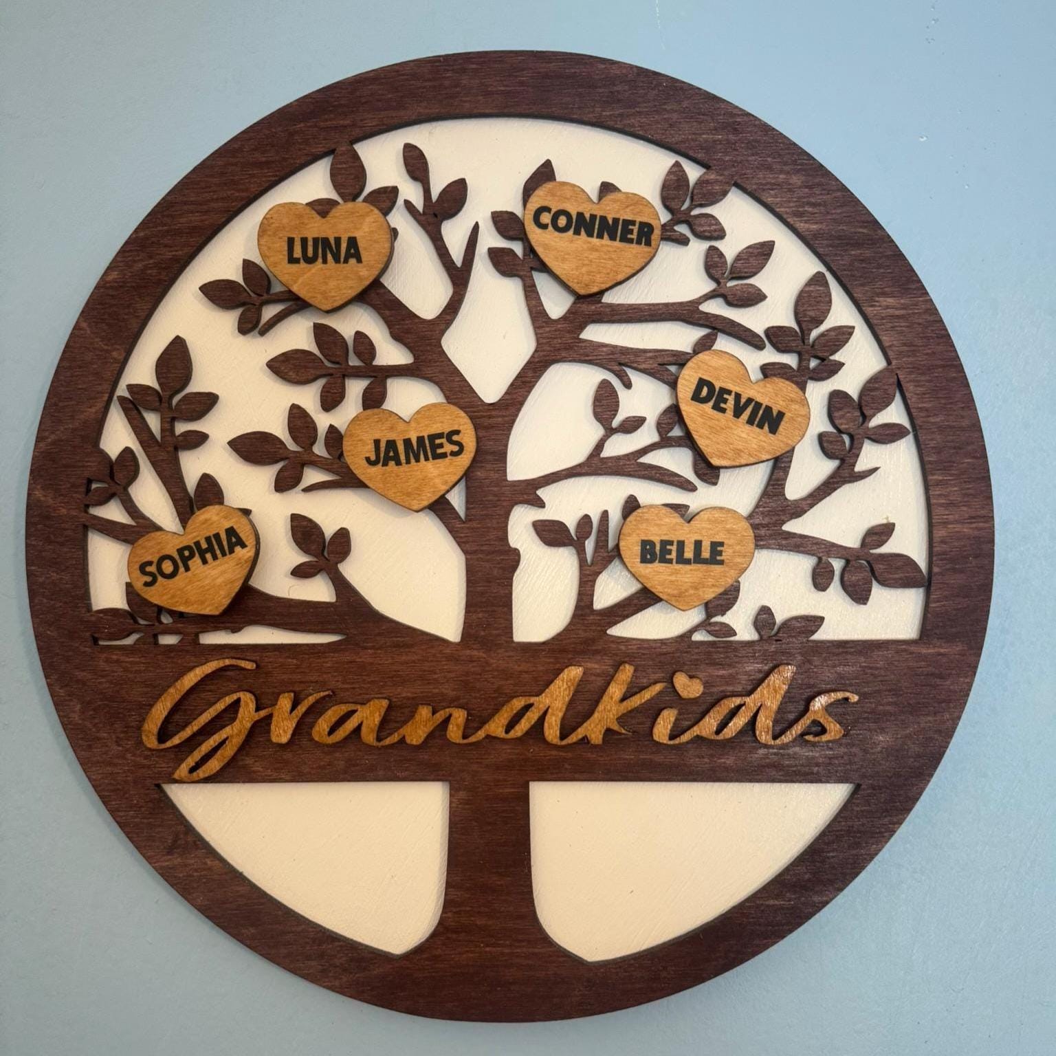 Personalized Grandchildren Family Tree Sign: Layered Wood, Rustic Farmhouse Decor - Thumbnail 4